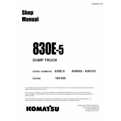 Camión volquete Komatsu 830E-5 (A50005 - A50153) manual de taller pdf - Komatsu manuales - KOMATSU-CEBM032110-SM-EN