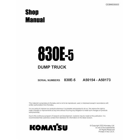 Camión volquete Komatsu 830E-5 (A50154 - A50173) manual de taller pdf - Komatsu manuales - KOMATSU-CEBM035503-SM-EN