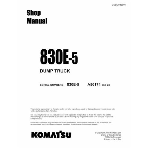 Komatsu 830E-5 (A50174-) dump truck pdf shop manual  - Komatsu manuals - KOMATSU-CEBM036801-SM-EN