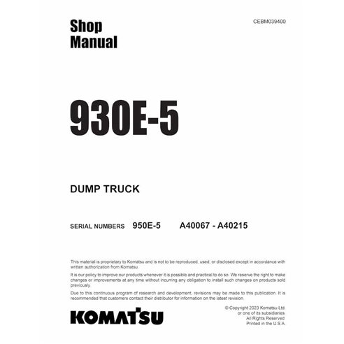 KOMATSU-CEBM039400-SM Komatsu 930E-5 (A40067-A40215) manuel d'atelier pdf pour camion à benne basculante