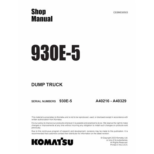 Manual de loja em pdf do caminhão basculante Komatsu 930E-5 (A40216-A40329) - Komatsu manuais - KOMATSU-CEBM036503-SM-EN