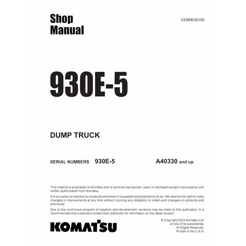 Manuel d'atelier pdf du camion-benne Komatsu 930E-5 (A40329-) - Komatsu manuels - KOMATSU-CEBM038100-SM-EN