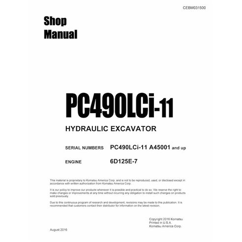 Manuel d'atelier pdf de la pelle Komatsu PC490LCi-11 (SN A45001-) - Komatsu manuels - KOMATSU-CEBM031500-SM-EN