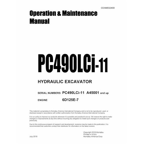 Manuel d'utilisation et d'entretien pdf de la pelle Komatsu PC490LCi-11 (SN A45001-) - Komatsu manuels - KOMATSU-CEAM032400-O...