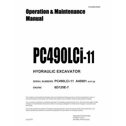 KOMATSU-CEAM032400-OM Manual de operação e manutenção em pdf da escavadeira Komatsu PC490LCi-11 (SN A45001-)