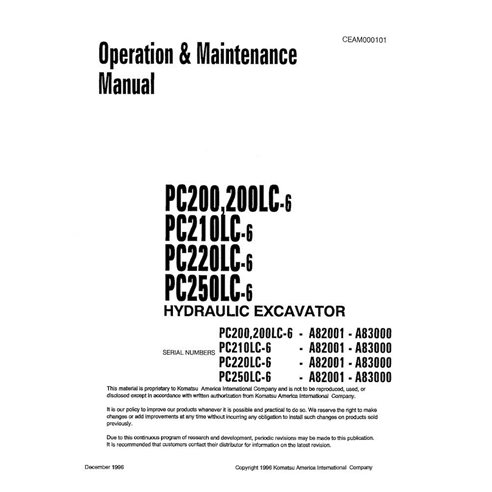 Manuel d'utilisation et d'entretien pdf de l'excavatrice Komatsu PC200-6, PC200LC-6, PC210LC-6, PC220LC-6, PC250LC-6 (SN - Ko...