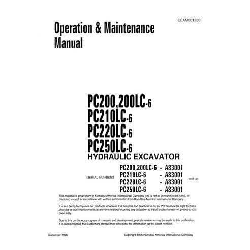 Manuel d'utilisation et d'entretien pdf de l'excavatrice Komatsu PC200-6, PC200LC-6, PC210LC-6, PC220LC-6, PC250LC-6 (SN - Ko...
