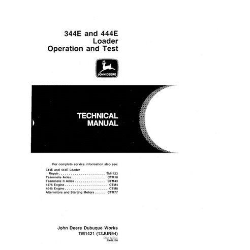 Manual técnico de operação e teste da carregadeira de rodas John Deere 344E, 444E em pdf - John Deere manuais - JD-TM1421-EN