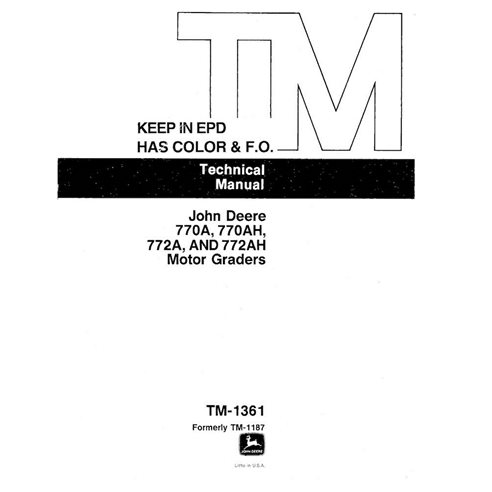 TM1361 Manual técnico em pdf da motoniveladora John Deere 770A, 770AH, 772A, 772AH