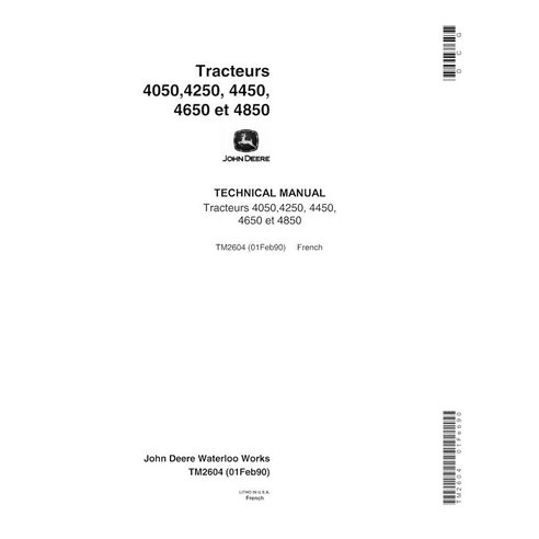Manuel technique pour tracteur John Deere 4050, 4250, 4450, 4650, 4850 pdf FR - John Deere manuels - JD-TM2604-FR