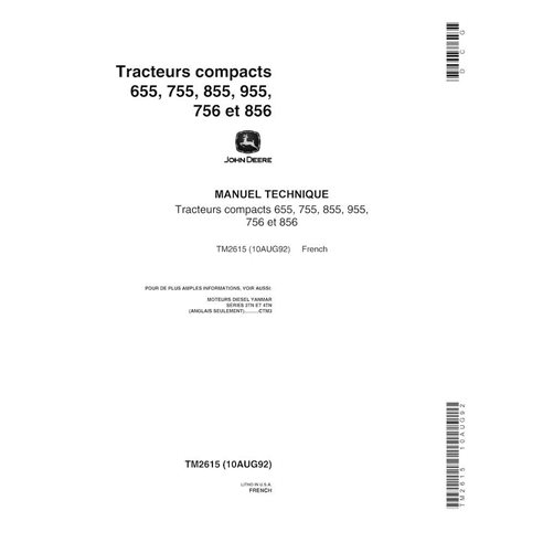 John Deere 655, 755, 855, 955, 756 e 856 trator utilitário compacto pdf manual técnico FR - John Deere manuais - JD-TM2615-FR