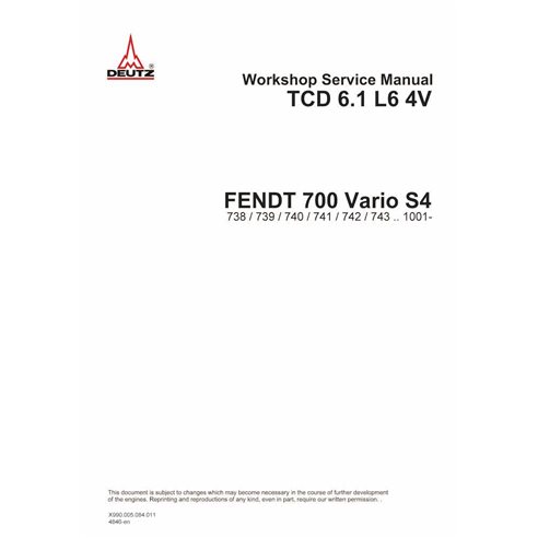 Deutz TCD 6.1 L6 4V engine pdf workshop service manual  - Deutz Fahr manuals - DEUTZ-72618982-WSM-EN