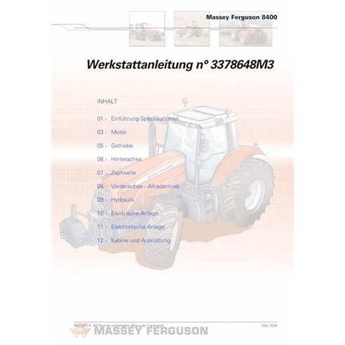 Massey Ferguson 8450, 8460, 8470, 8480 tractor pdf workshop service manual DE - Massey Ferguson manuals - MF-3378648M3-WSM-DE