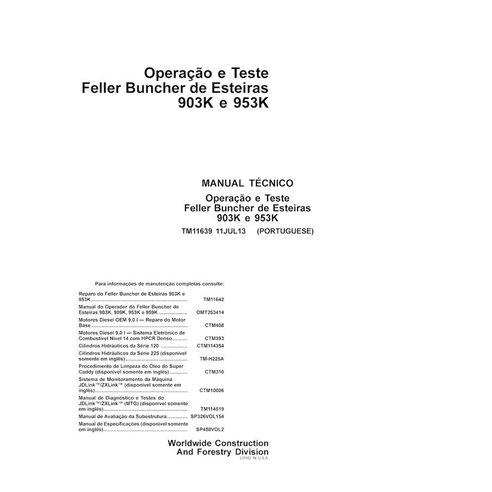 Abatteuse-empileuse John Deere 903K, 953K pdf manuel technique d'utilisation et d'essai PT - John Deere manuels - JD-TM11639-PT