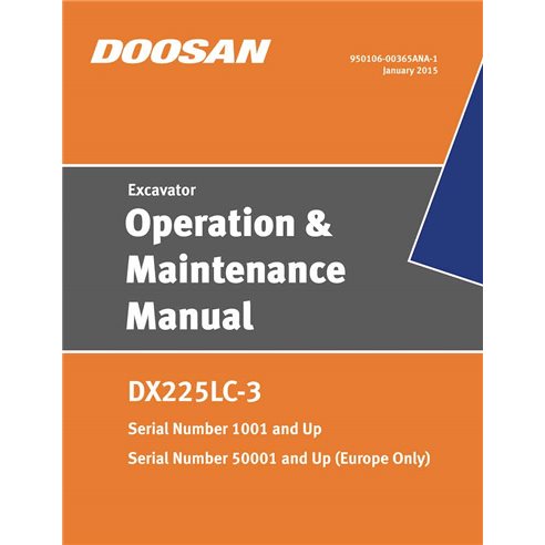 Manuel d'utilisation et d'entretien pdf de la pelle Doosan DX225LC-3 - Doosan manuels - DOOSAN-950106-00365-OM-EN