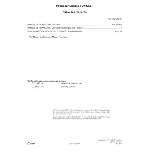 Manuel d'entretien pdf de la pelle sur chenilles Case CX225SR FR - Case manuels - CASE-9-40681-SM- FR