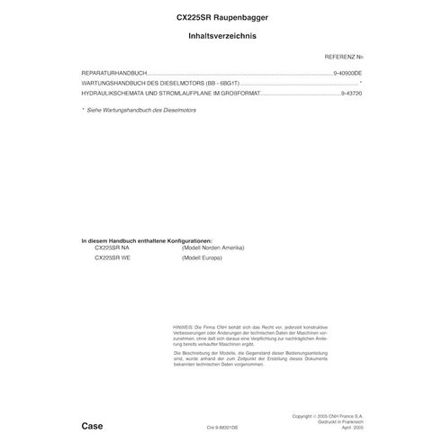 Manuel d'entretien pdf de la pelle sur chenilles Case CX225SR DE - Case manuels - CASE-9-40901-SM-DE