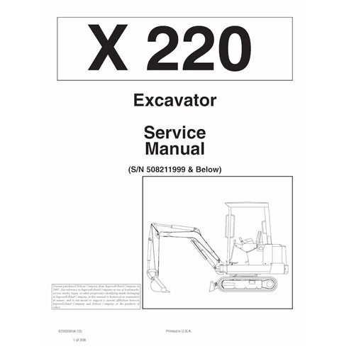 Manual de serviço em pdf da escavadeira compacta Bobcat X220