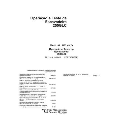 John Deere 250GLC excavator pdf operation and test technical manual PT - John Deere manuals - JD-TM12316-PT