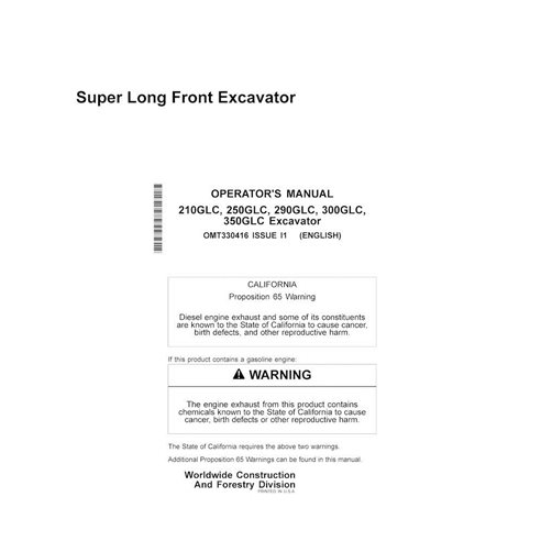 JD-OMT330416 Manuel d'utilisation PDF des excavatrices John Deere 210GLC, 250GLC, 290GLC, 300GLC, 350GLC