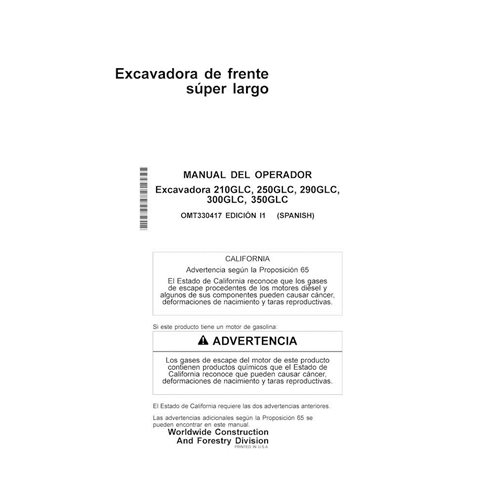 Manual del operador en formato PDF de la excavadora John Deere 210GLC, 250GLC, 290GLC, 300GLC, 350GLC ES - John Deere manuale...