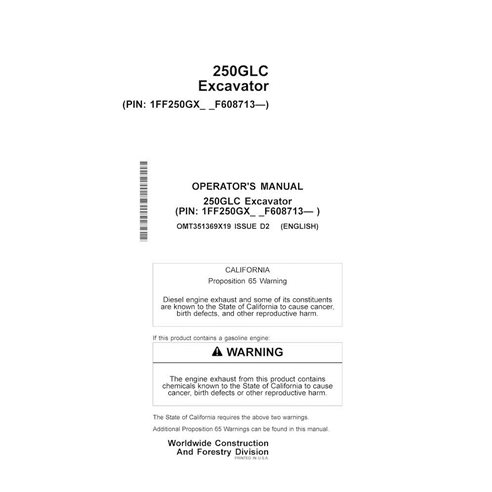 John Deere 250GLC excavator pdf operator's manual  - John Deere manuals - JD-OMT351369X19-EN