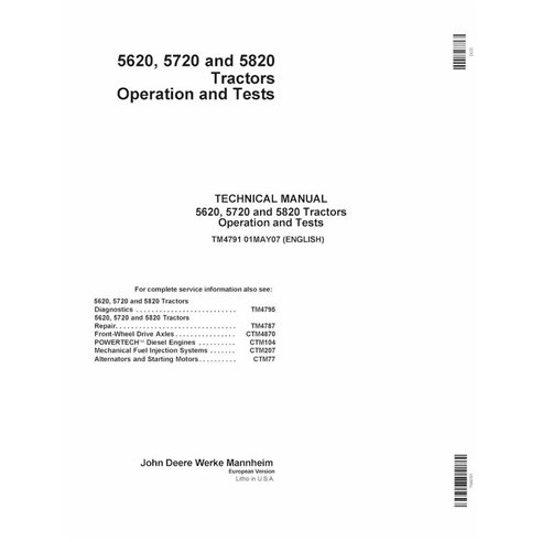 TM4791 Manual técnico de funcionamiento y prueba del tractor John Deere 5620, 5720, 5820 en formato pdf