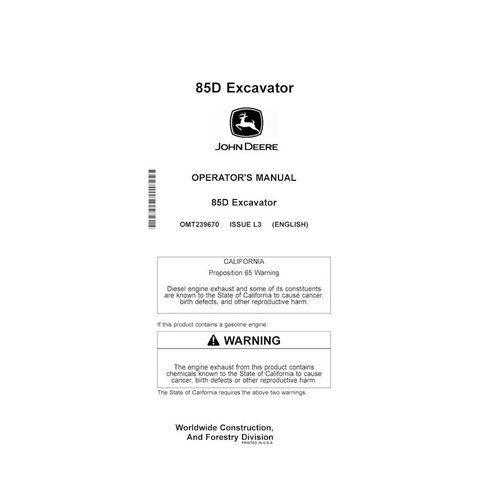 Manuel d'utilisation de la pelle compacte John Deere 85D au format PDF - John Deere manuels - JD-OMT239670-EN