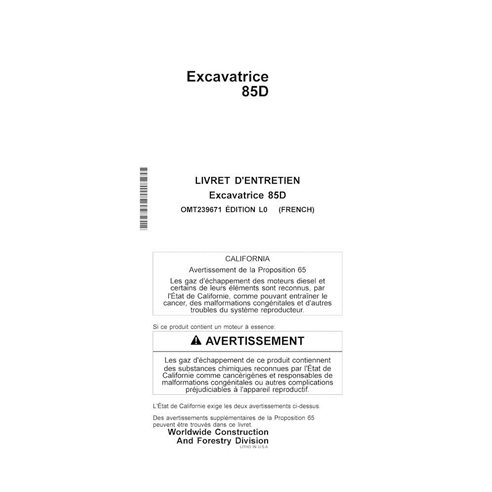 John Deere 85D compact excavator pdf operator's manual FR - John Deere manuals - JD-OMT239671-FR