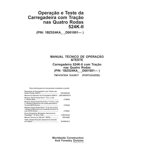 Manual técnico de operação e teste da carregadeira de rodas John Deere 524K-II em PDF PT - John Deere manuais - JD-TM14197X54-PT