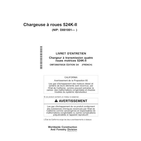 Manuel d'utilisation de la chargeuse sur pneus John Deere 524K-II au format PDF FR - John Deere manuels - JD-OMT386078X28-FR