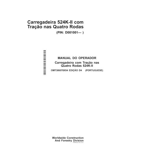 Manual del operador en formato PDF de la cargadora de ruedas John Deere 524K-II - John Deere manuales - JD-OMT386078X54-PT