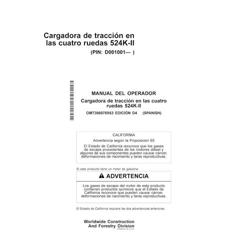 Manual del operador en formato PDF de la cargadora de ruedas John Deere 524K-II ES - John Deere manuales - JD-OMT386078X63-ES