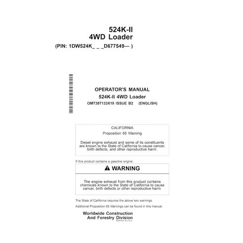 Manuel d'utilisation de la chargeuse sur pneus John Deere 524K-II PIN D677549 au format PDF - John Deere manuels - JD-OMT3871...