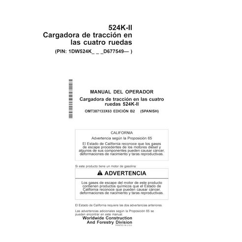 John Deere 524K-II PIN D677549 — manual do operador do carregador de rodas em PDF ES - John Deere manuais - JD-OMT387133X63-ES