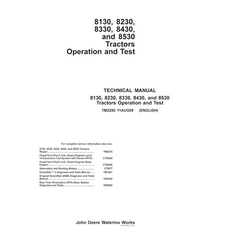 Manual técnico de operação e teste do trator John Deere 8130, 8230, 8330, 8430 e 8530 em PDF - John Deere manuais - JD-TM2280-EN