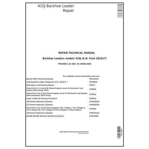 TM10851 Manual técnico de reparación en formato PDF de la retroexcavadora John Deere 410J