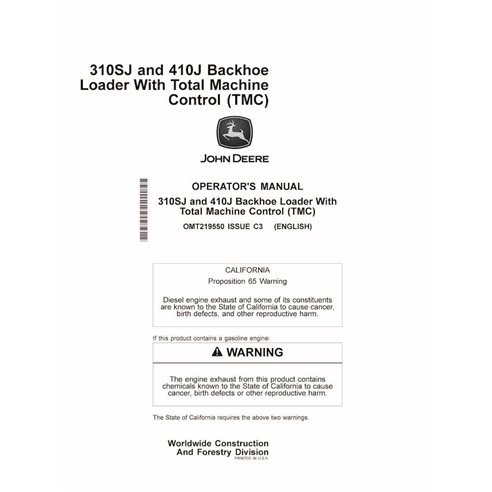JD-OMT219550 Manuel d'utilisation PDF de la chargeuse-pelleteuse John Deere 310SJ, 410J