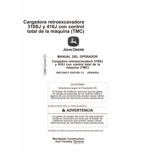 Manuel d'utilisation de la chargeuse-pelleteuse John Deere 310SJ, 410J au format PDF - John Deere manuels - JD-OMT224473-ES