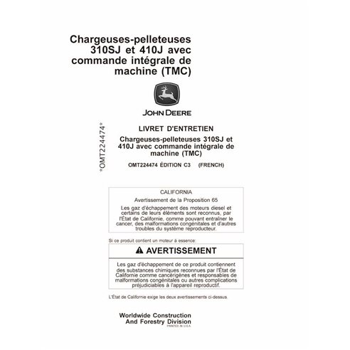 Manuel d'utilisation de la chargeuse-pelleteuse John Deere 310SJ, 410J au format PDF FR - John Deere manuels - JD-OMT224474-FR