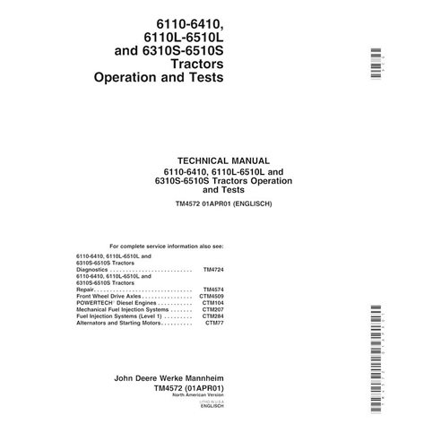 TM4572 Manuel technique d'utilisation et de test des tracteurs John Deere 6110-6410, 6110L-6510L, 6310S- 6510S au format PDF