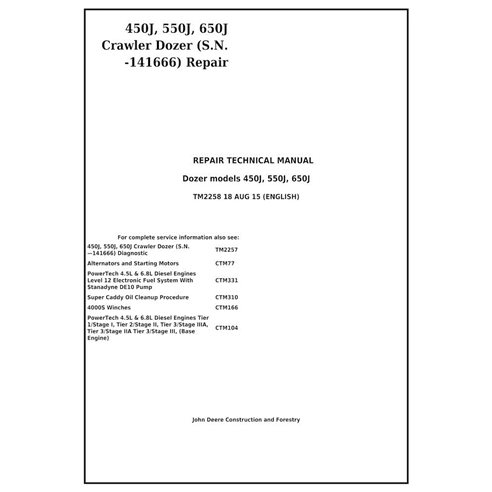 Manual técnico de reparación de excavadoras John Deere 450J, 550J, 650J en formato PDF - John Deere manuales - JD-TM2258-EN