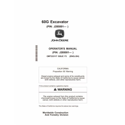 John Deere 60G compact excavator pdf operator's manual  - John Deere manuals - JD-OMT333117-EN