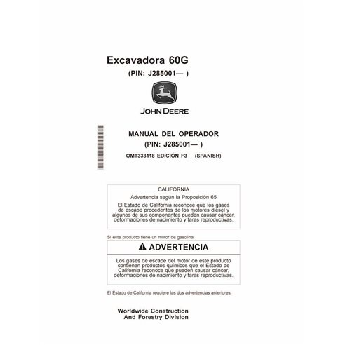 John Deere 60G compact excavator pdf operator's manual ES - John Deere manuals - JD-OMT333118-ES