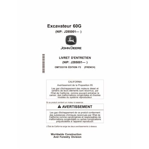 John Deere 60G compact excavator pdf operator's manual FR - John Deere manuals - JD-OMT333119-FR