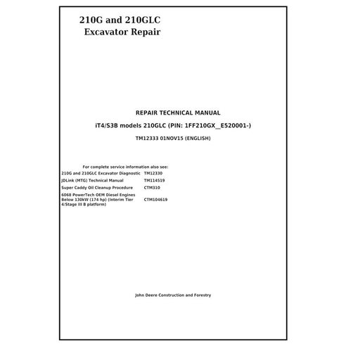 Manual técnico de reparación en formato PDF de la excavadora John Deere 210G, 210GLC - John Deere manuales - JD-TM12333-EN