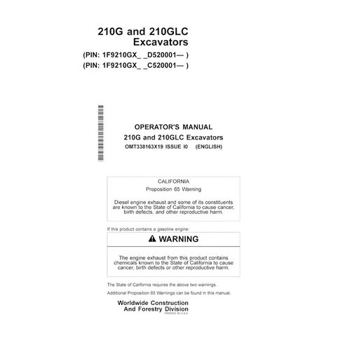 JD-OMT338163X19 John Deere 210G, 210GLC PIN: 1F9210GX- excavator operator's manual (OMT338163X19)