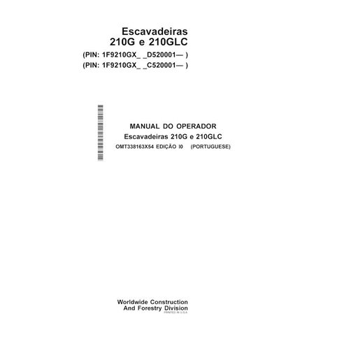 JD-OMT338163X54-PT John Deere 210G, 210GLC PIN: 1F9210GX- excavator operator's manual PT (OMT338163X54)