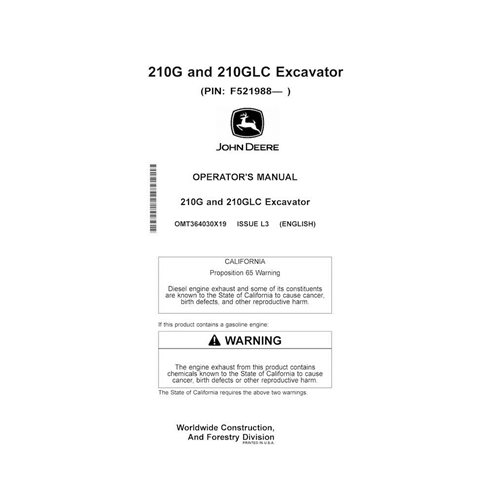 John Deere 210G, 210GLC PIN: F521988- excavator pdf operator's manual  - John Deere manuals - JD-OMT364030X19-EN