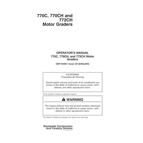 John Deere 770C, 770CH and 772CH grader pdf operator's manual  - John Deere manuals - JD-OMT184951-EN